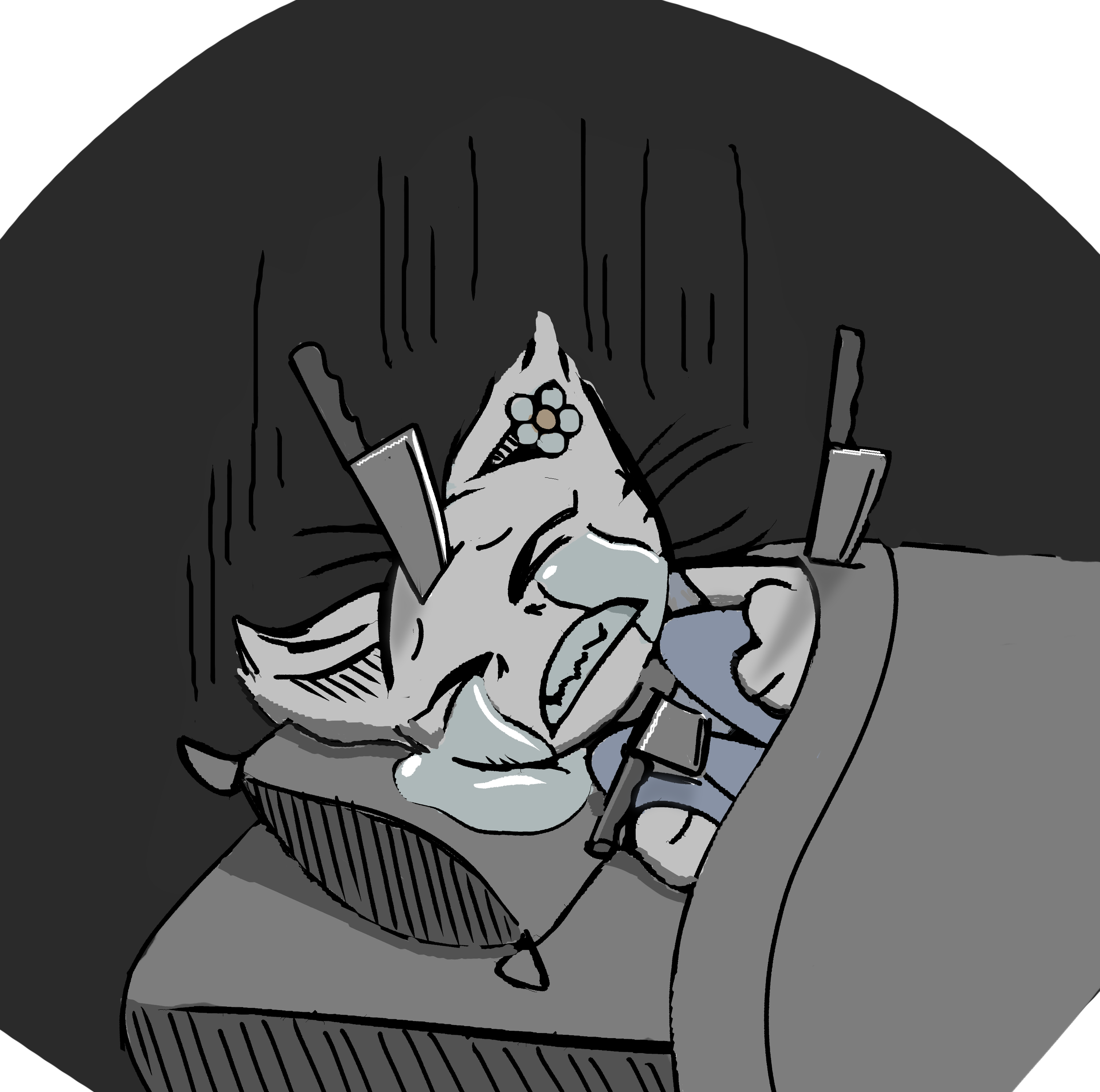 A cartoon cat lies in bed sobbing with figuritive knives in her head and body.